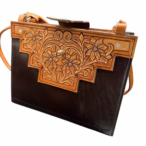 John Wheeler Maker Hand Tooled Leather Floral Shoulder Bag Western Boho Brown - Picture 10 of 14